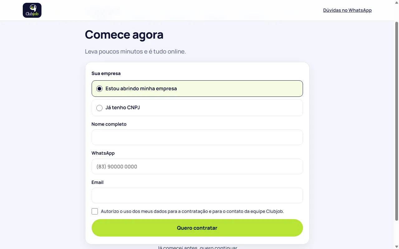 Tela de contratação do domicílio fiscal do Clubjob